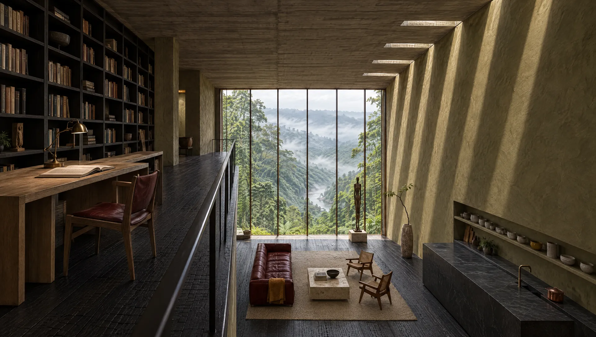 A loft library with an oak writing desk and a chair with an oxblood seat, looking down over a railing into the great room