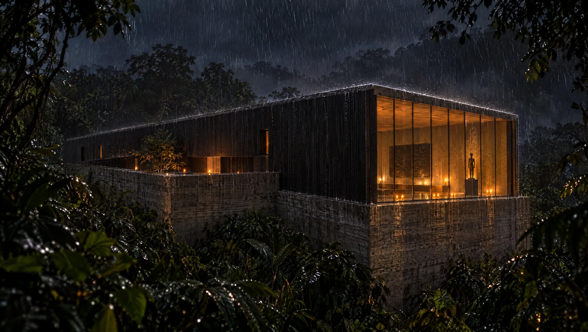 The house seen from the jungle at night in heavy rain, its glass end glowing amber above a concrete plinth
