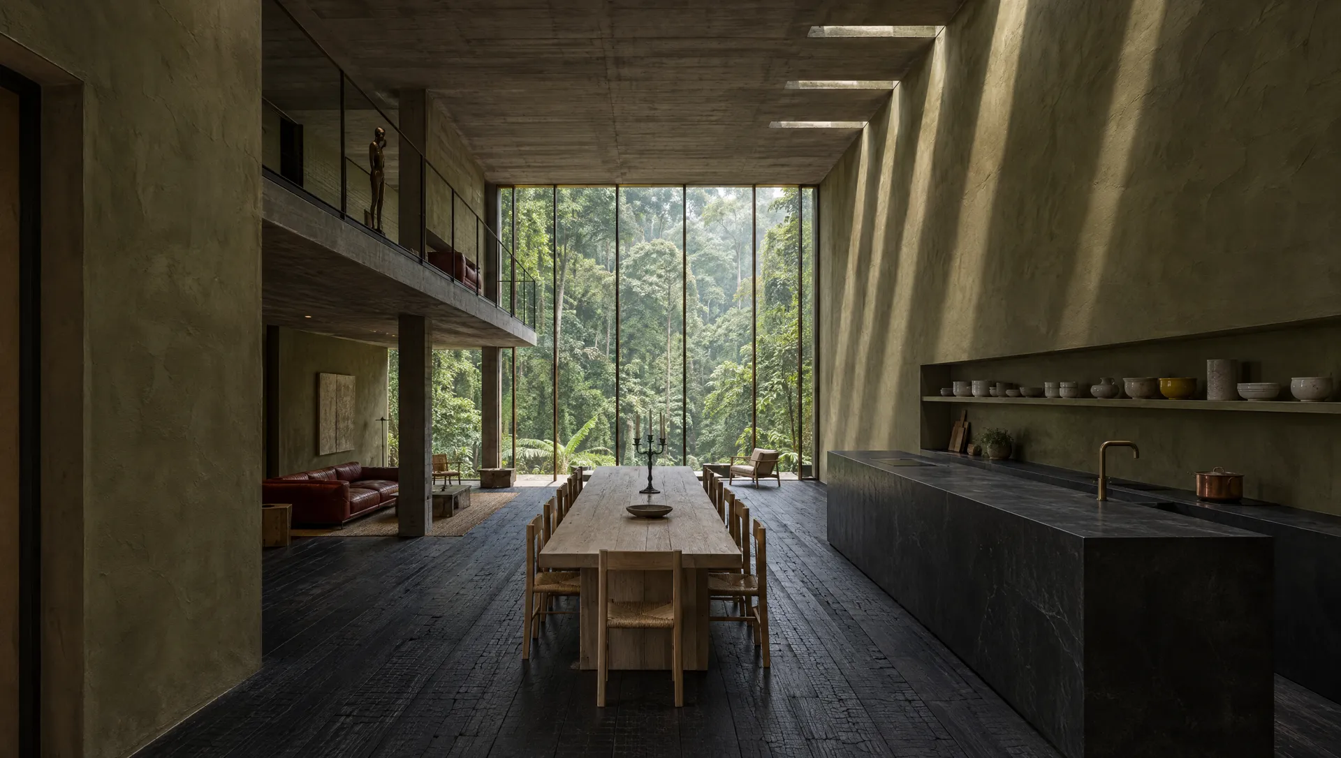 The long axis of the house: an oak refectory table, a black soapstone kitchen island on the right, the glass wall far ahead