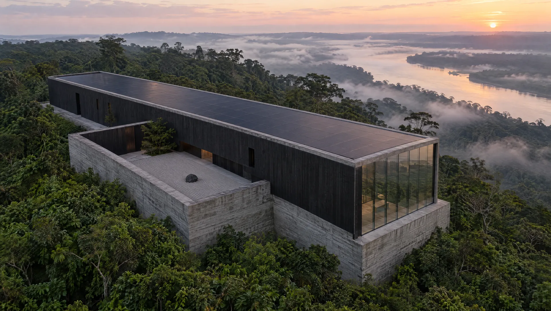 Aerial view at dawn of a long black house on a concrete plinth above the Amazon, with a walled gravel court and a solar roof