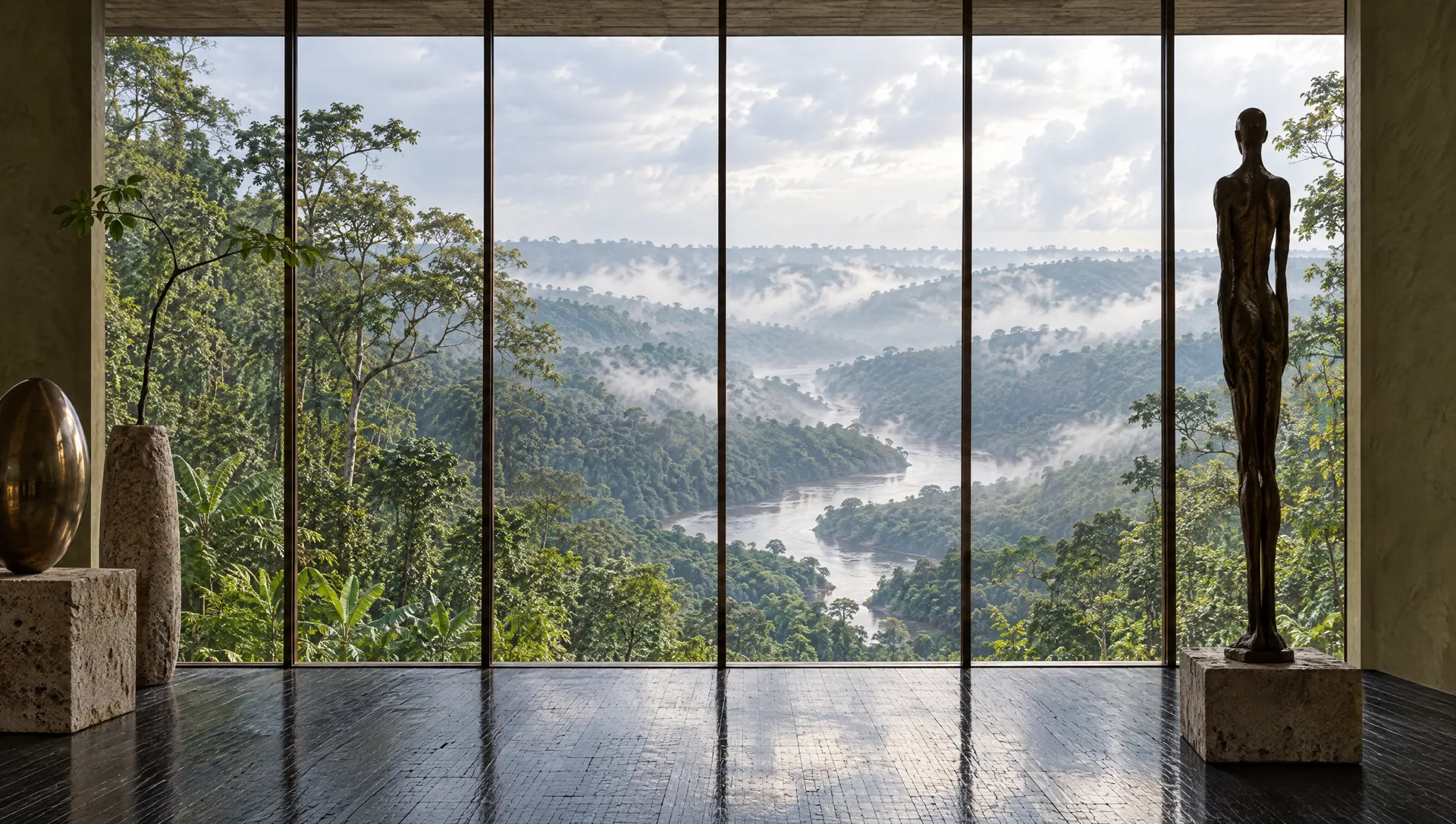 A tall elongated bronze figure and a polished bronze ovoid before a glass wall over a misty river valley