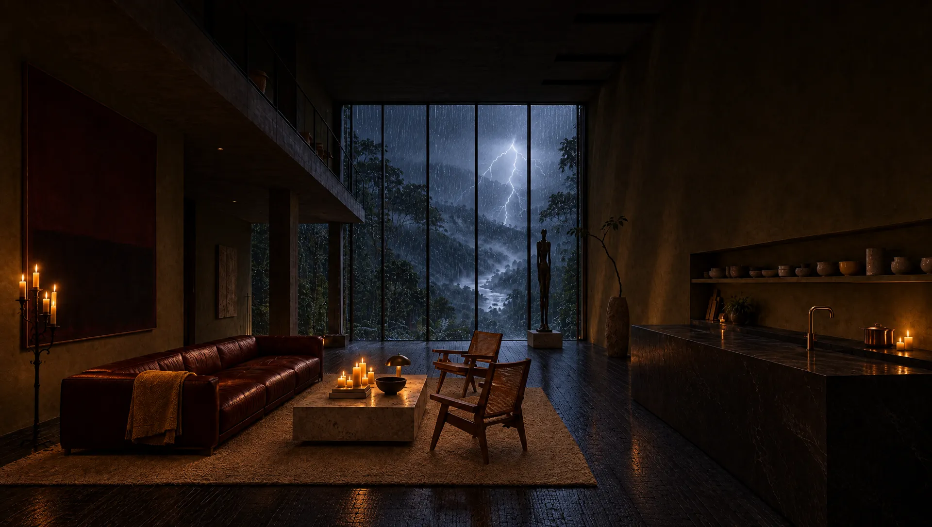 The great room at night by candlelight while a storm and lightning pass over the jungle outside the glass