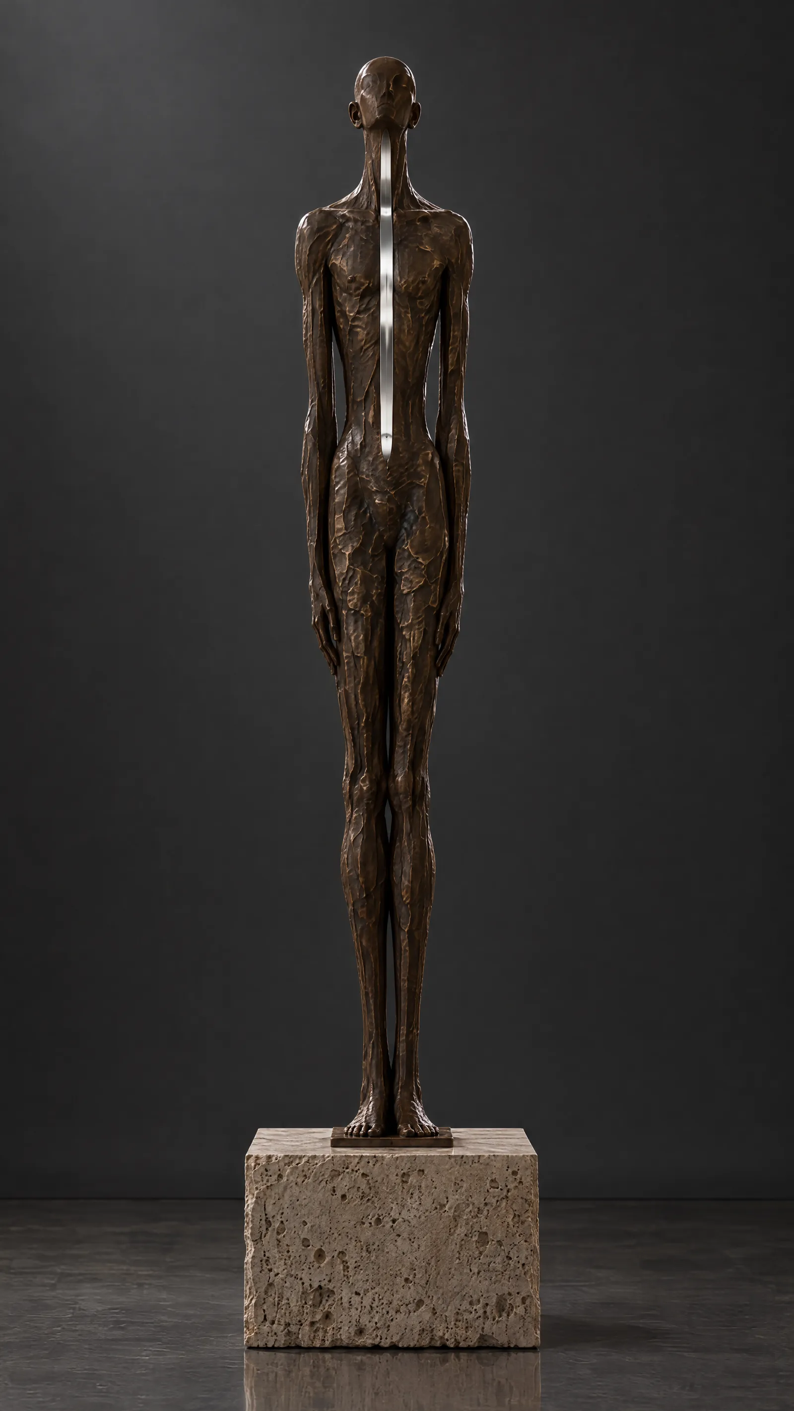 Front view of the tall bronze figure with a mirror seam from throat to navel, on a travertine block