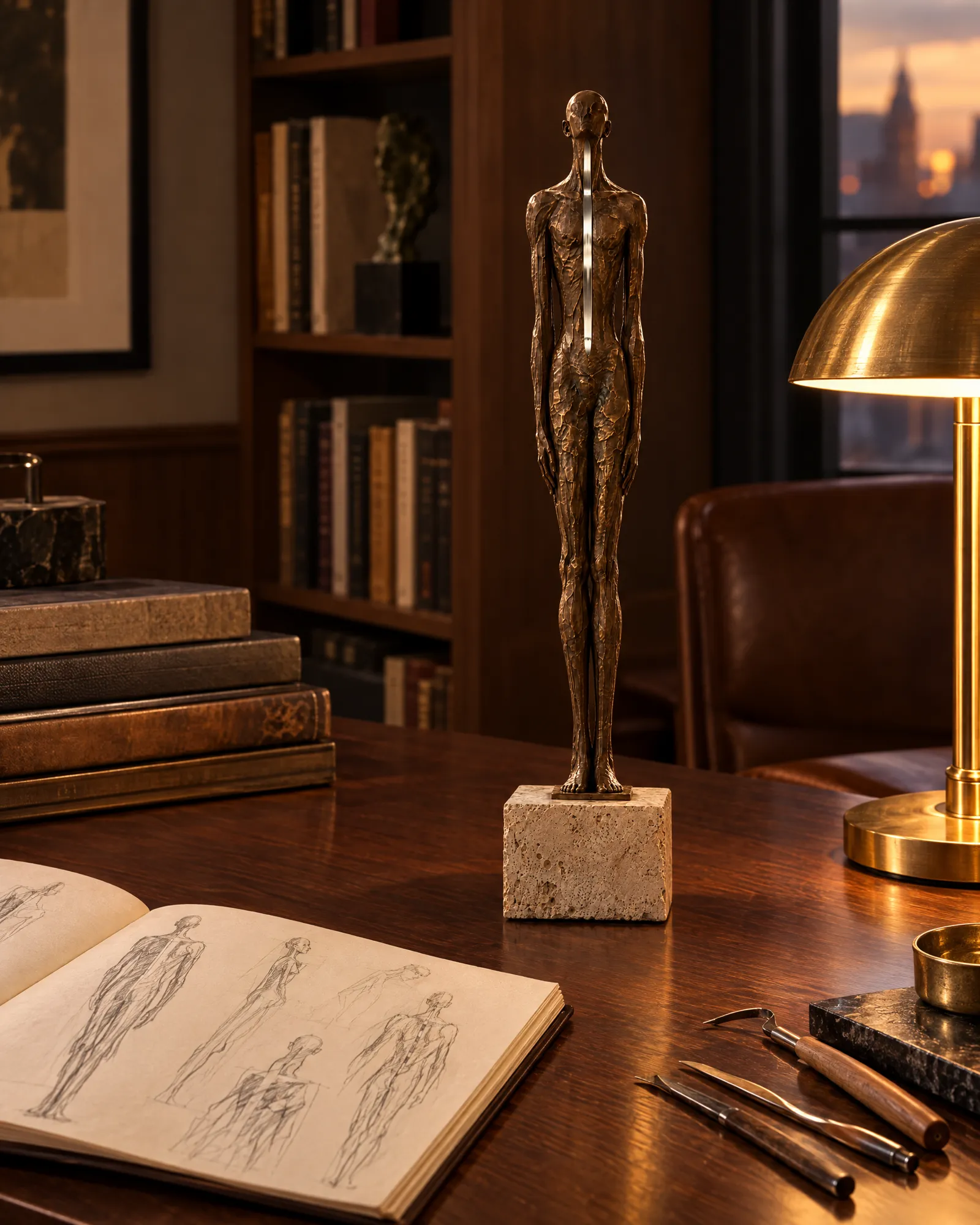 A 60 centimetre bronze maquette on a small travertine block on a walnut desk