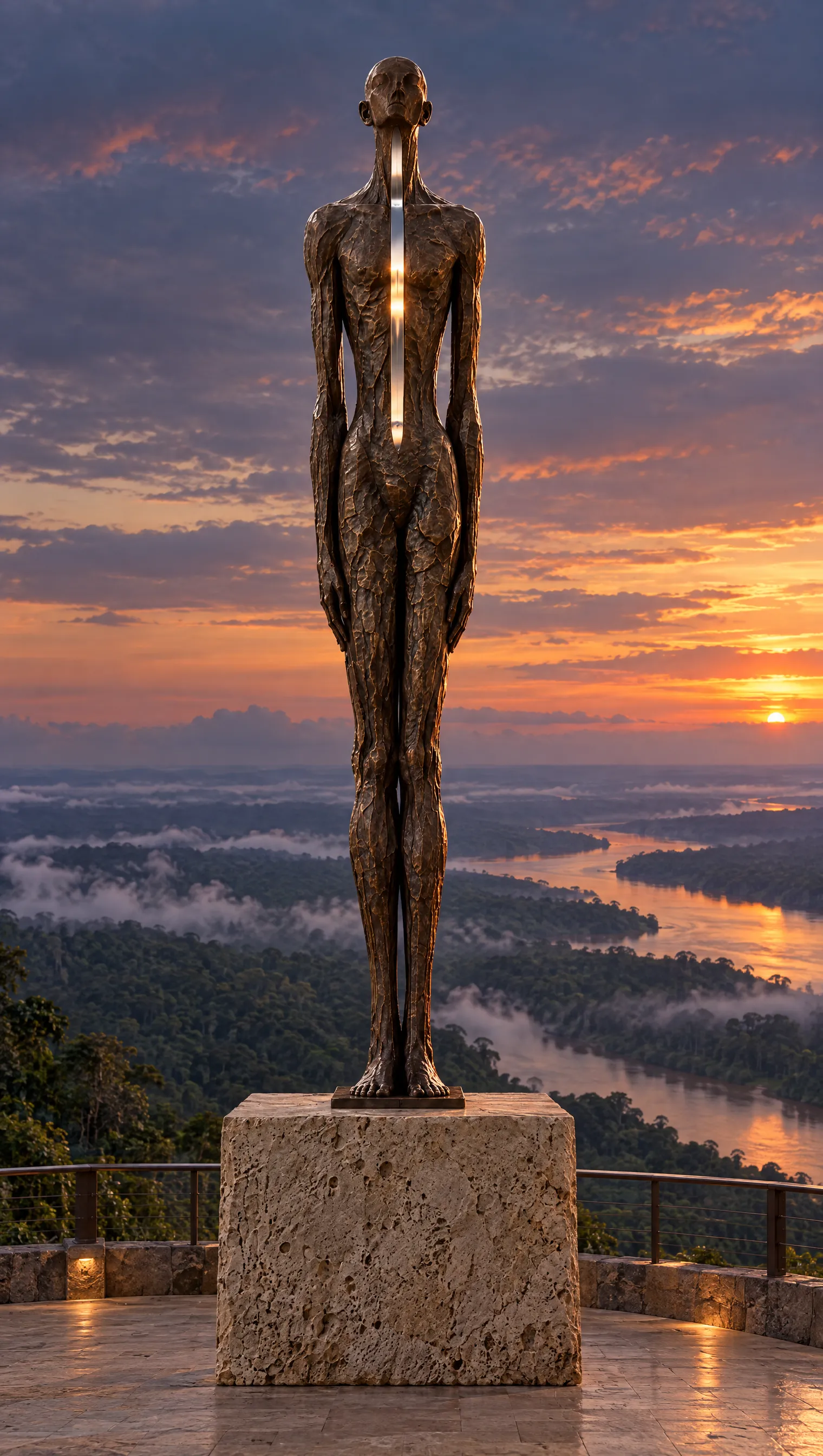The figure at monumental scale on a travertine plinth on a terrace above a jungle river at dusk