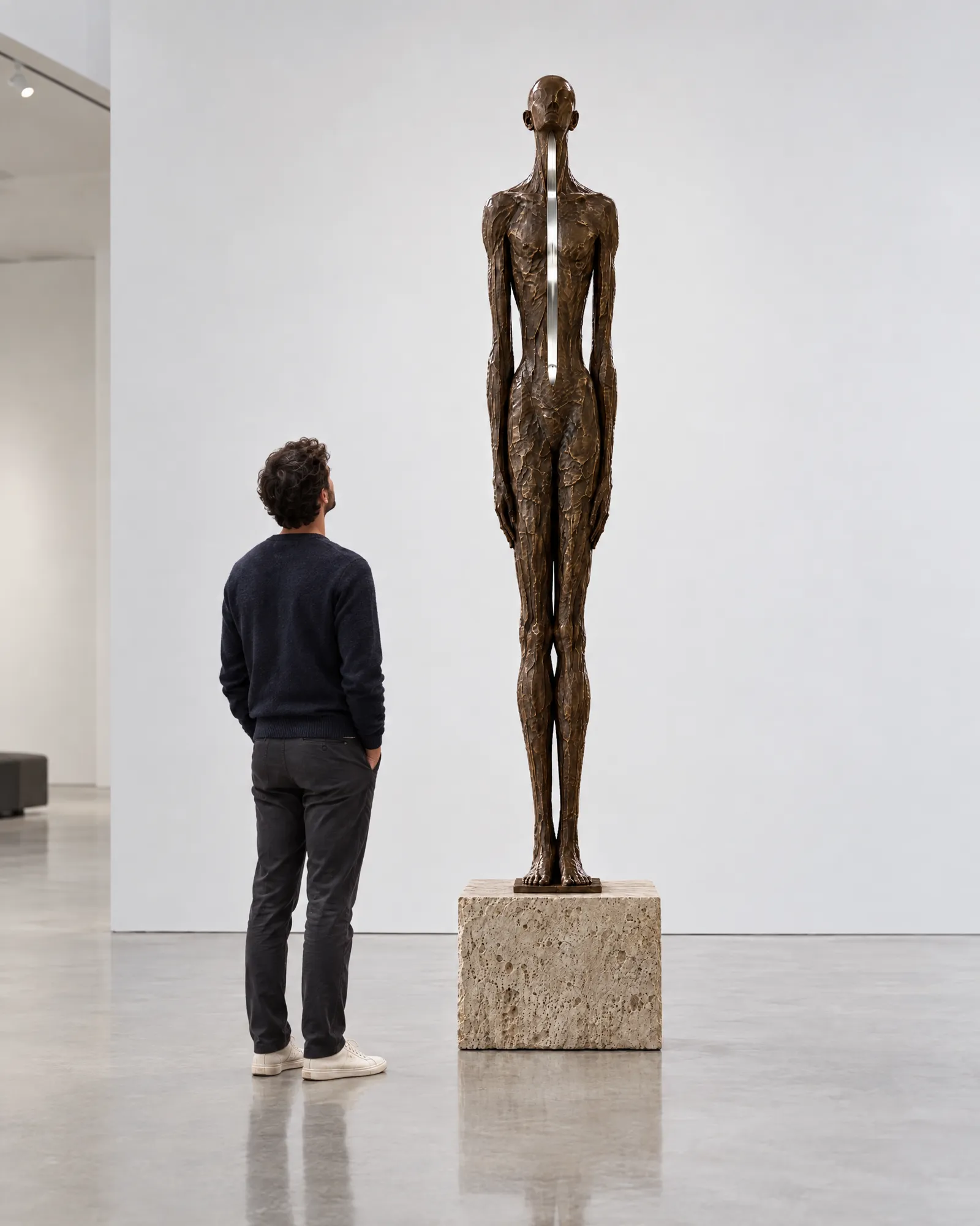 The life-size bronze in a white gallery, a visitor standing beside it looking up