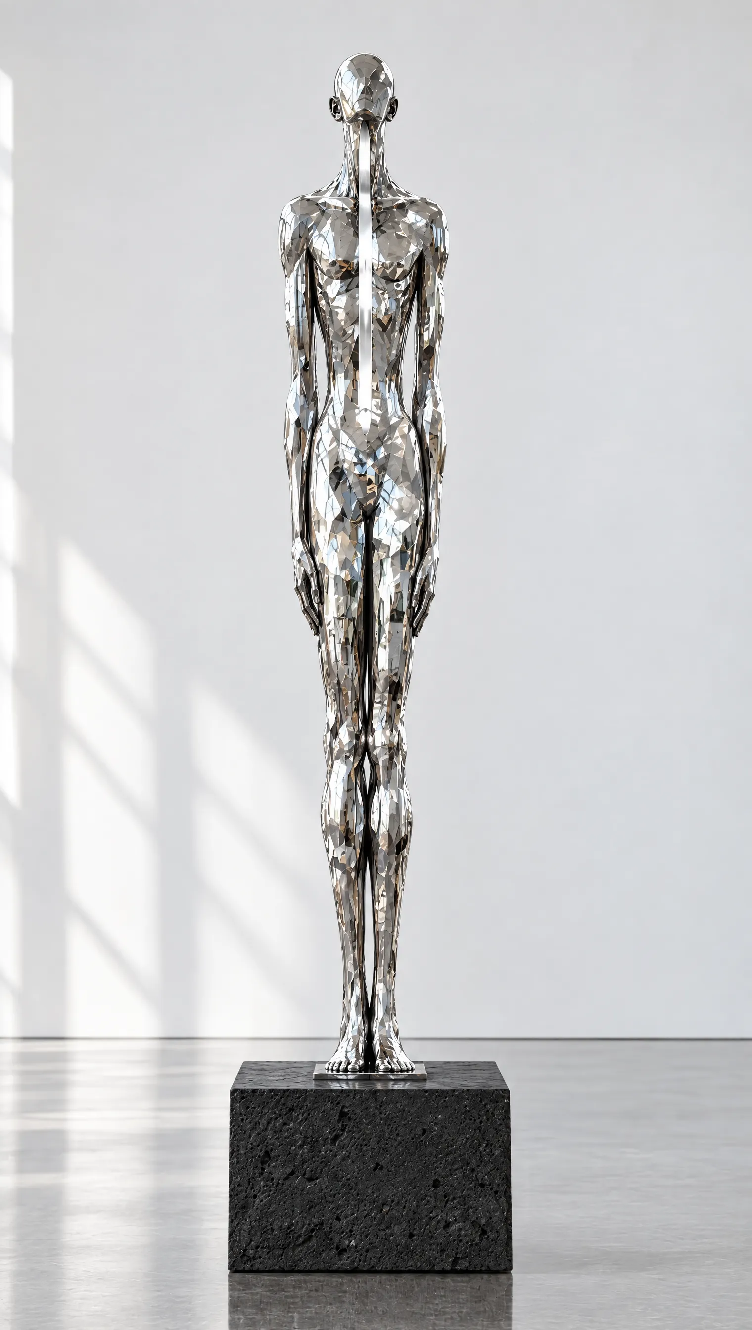 The same figure in mirror-polished stainless steel on a black basalt block in a white gallery