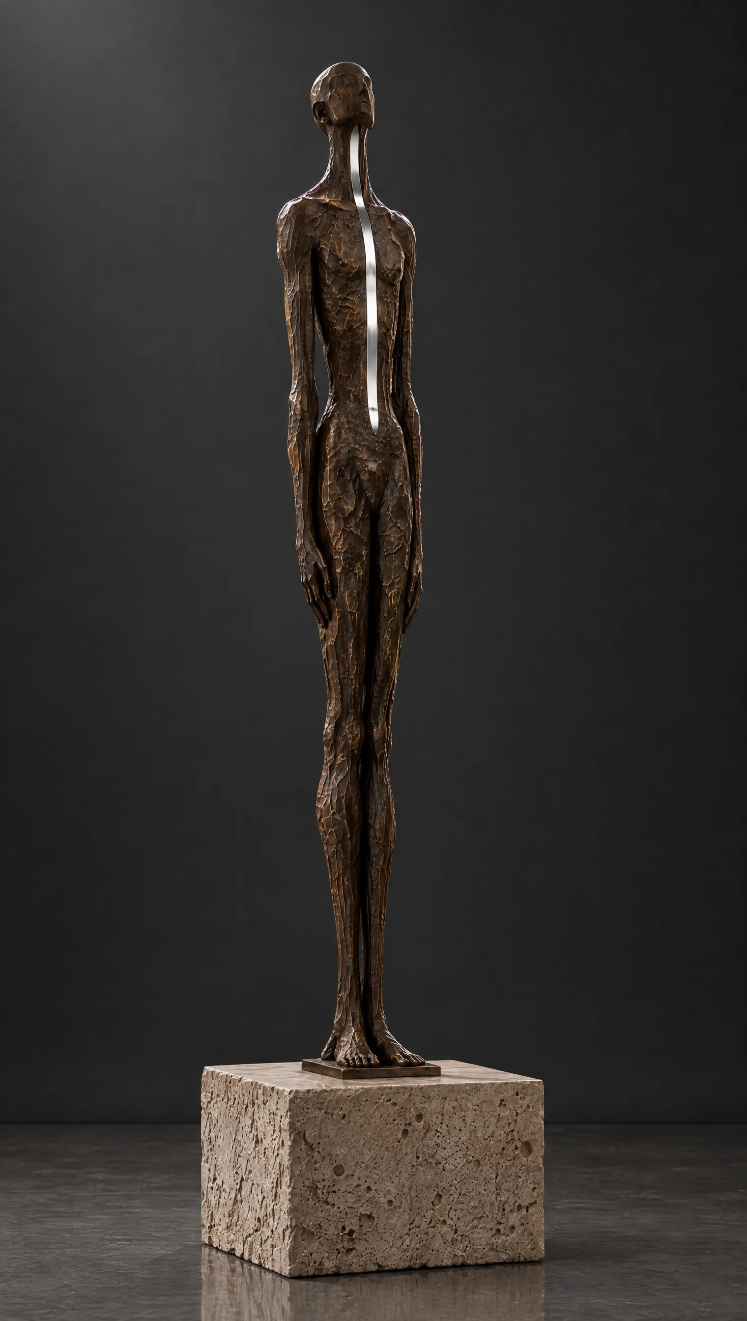 Three-quarter view of the figure, the seam catching a line of light